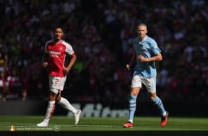 erling haaland of man city and william saliba of arsenal during the the fa community shield final 2023 match between ars